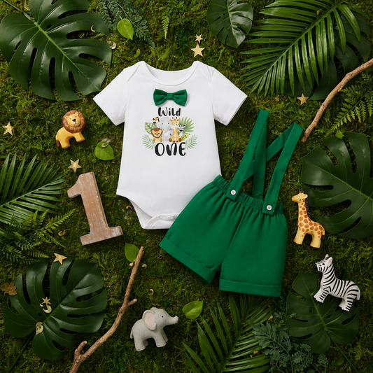 2pc Animal 1st Birthday Suspender Shorts Set