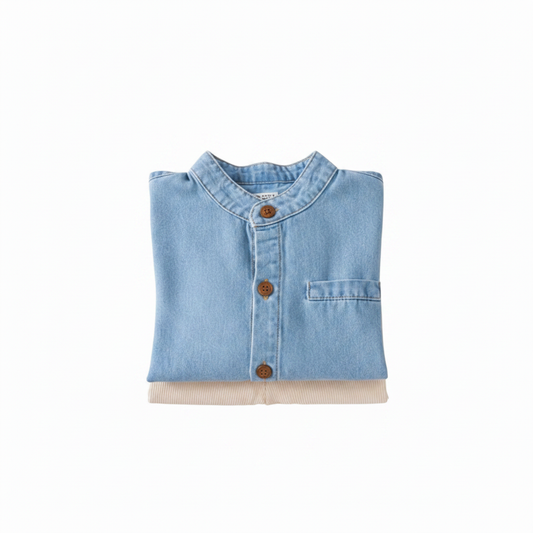 2pc Denim Shirt and Chinos flat lay on white background