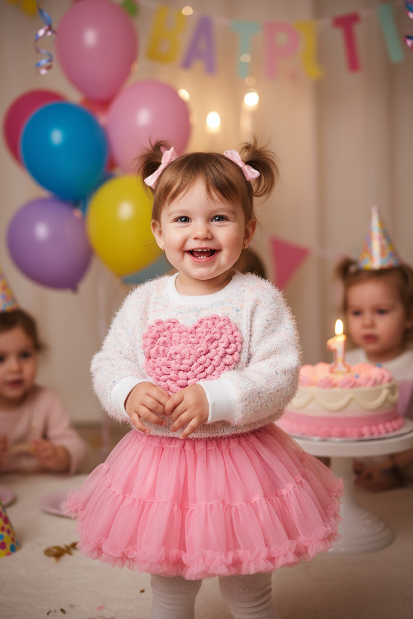 Toddler girl wearing the 2pc Flower Knitted Jersey & Tutu Skirt at her baby sister's 1st birthday party