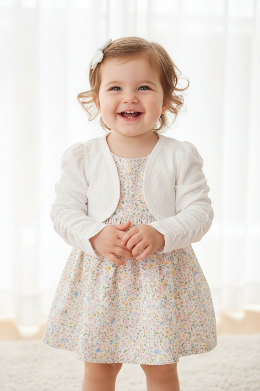 Baby girl wearing the Long Stack Sleeve White Jacket over a floral dress