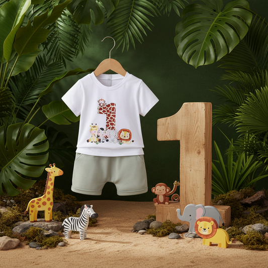 2pc Animal 1st Birthday Safari Set styled with tropical leaves and safari animal decorations