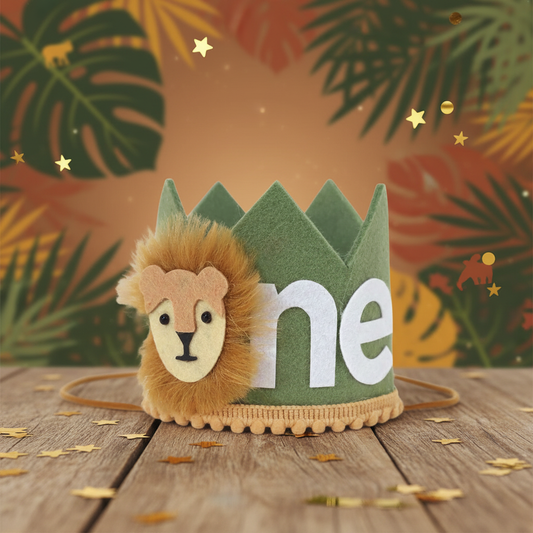 Lion 1st Birthday Hat styled in a safari jungle party scene