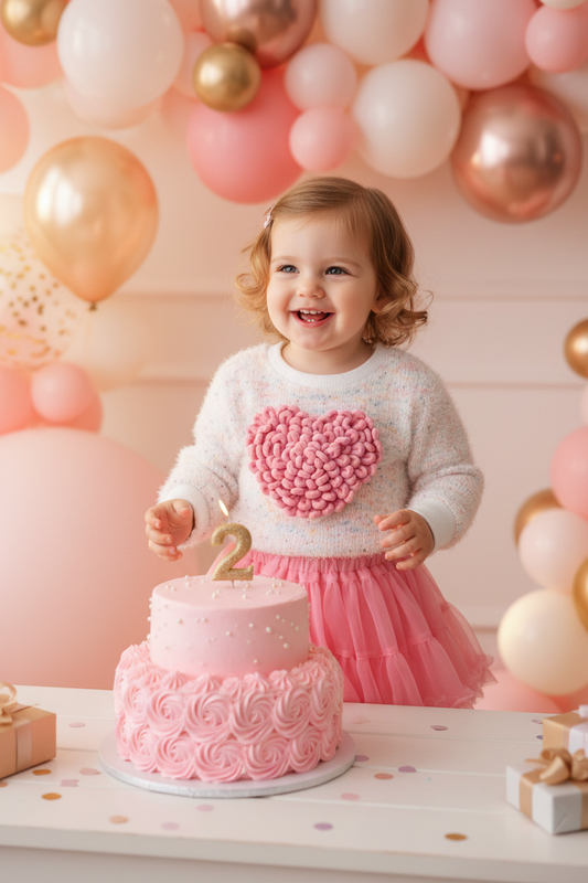 Toddler girl wearing the 2pc Flower Knitted Jersey & Tutu Skirt at her own 2nd birthday party
