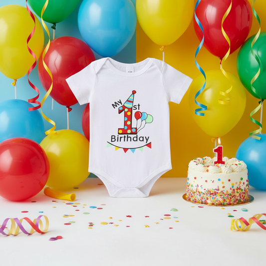 1st Birthday Bodysuit styled with colourful balloons, streamers and confetti
