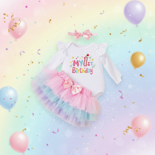 3pc Multi Colour Ruggle 1st Birthday Tutu Set styled with colourful balloons and confetti on pastel rainbow background