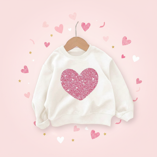 White Heart Crew Neck styled with pink hearts and confetti on pastel pink background