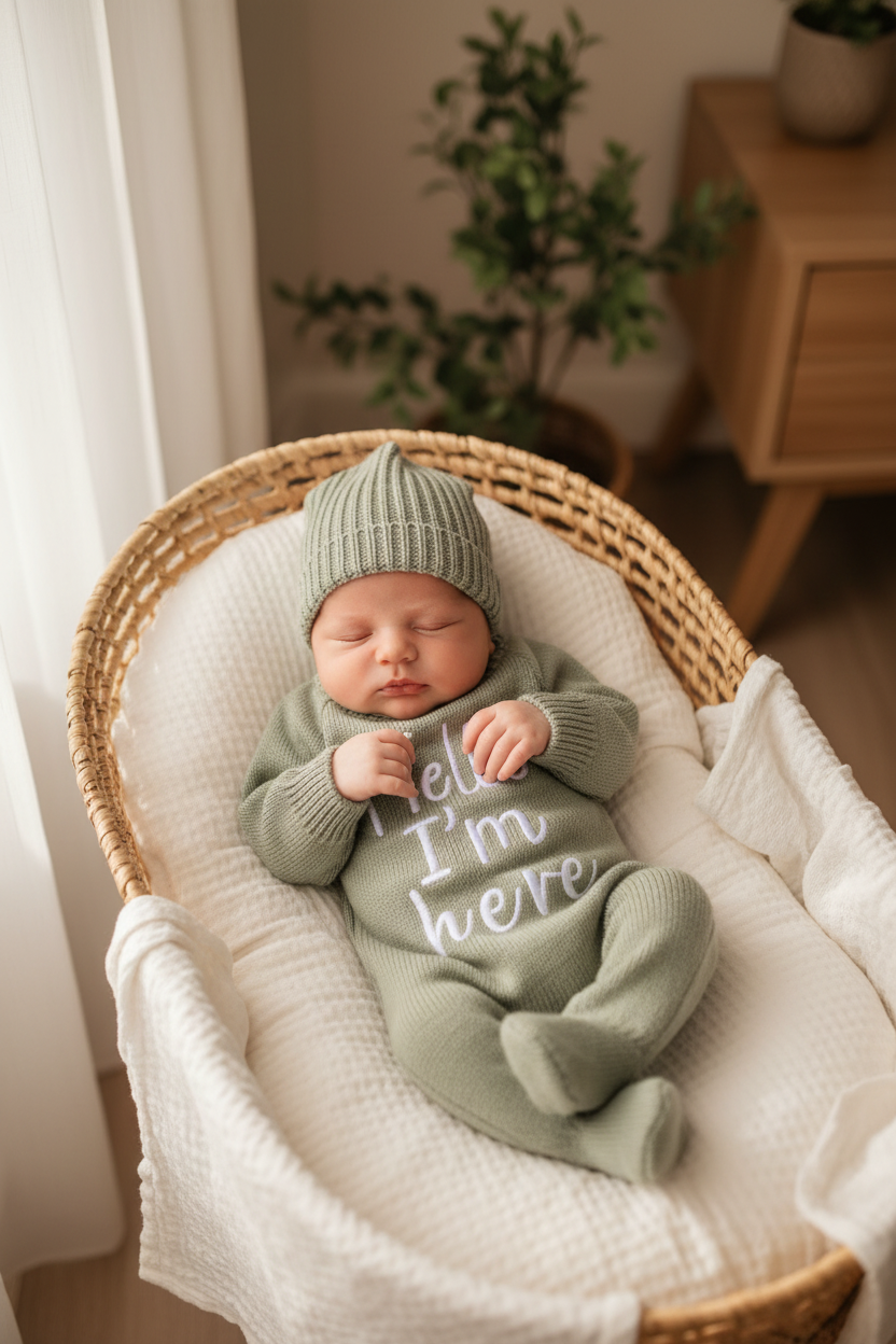 Newborn baby in sage green knitted romper and beanie lying in a wicker moses basket