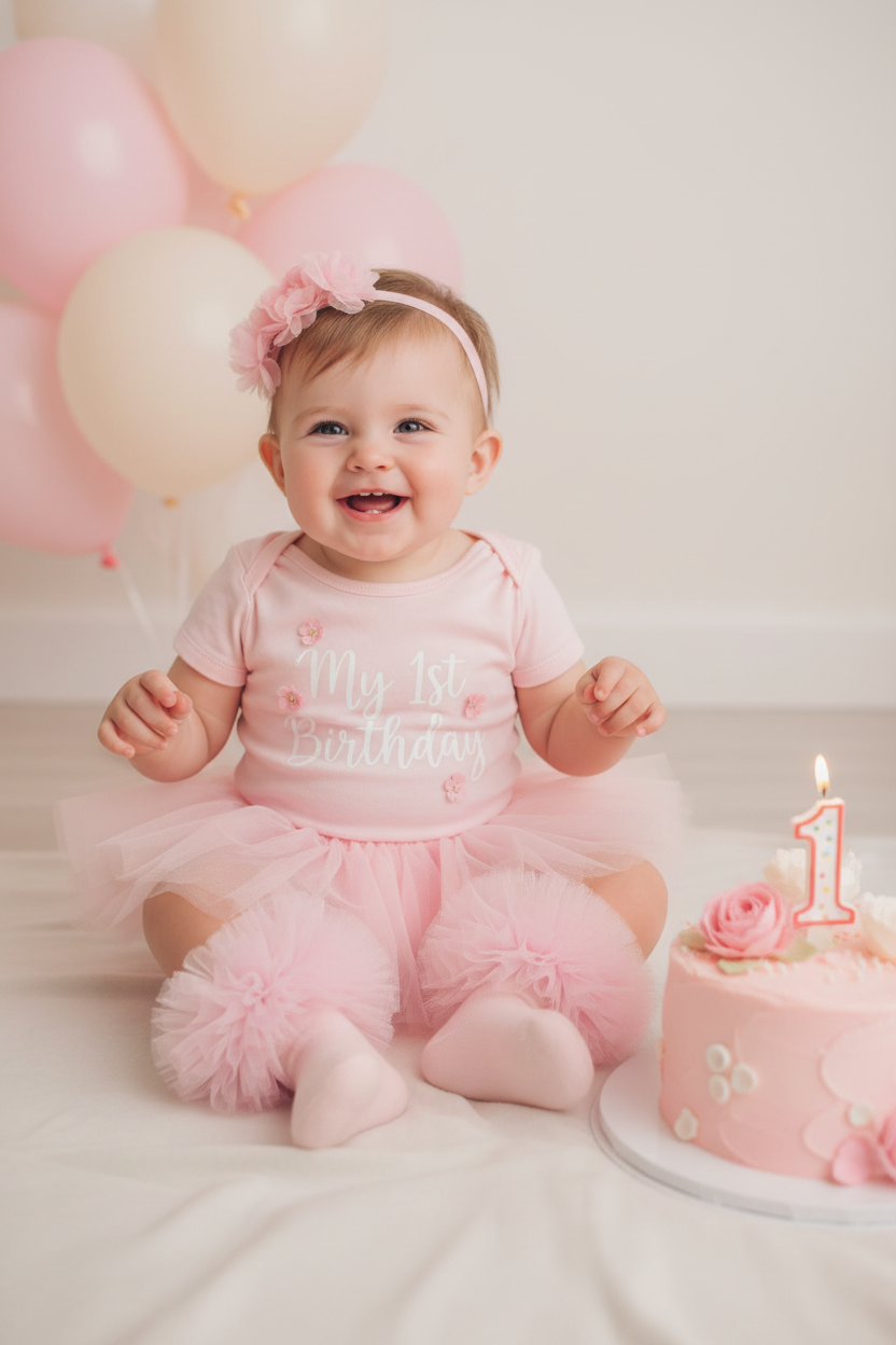 Baby girl wearing pink frilly socks with pink tutu skirt at her 1st birthday party