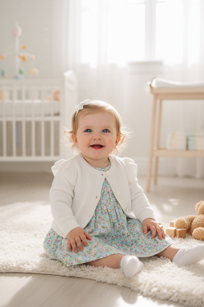 Baby girl wearing the White Knitted Cardigan over a floral dress in a bright nursery
