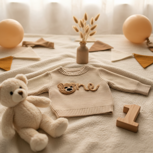 Beige Knitted One Jersey styled with teddy bears, wooden number 1 and pampas grass