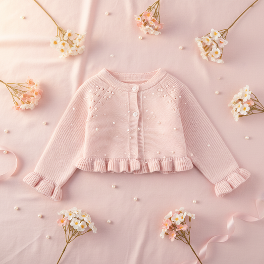 Pink Ruffle Sleeve Knitted Cardigan styled with flowers and pearls on pastel pink background