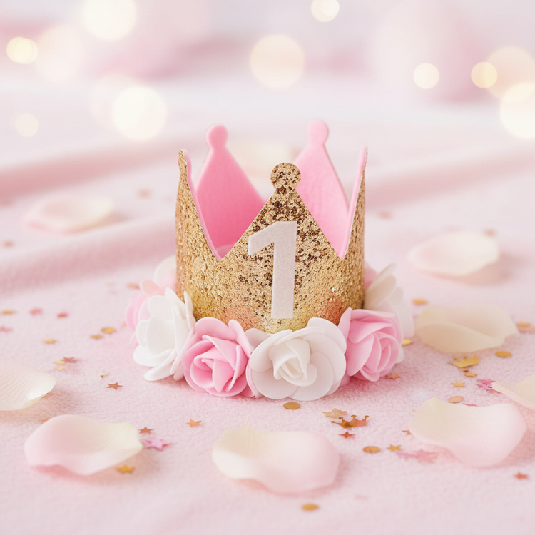 First Birthday Crown Hat styled with rose petals and gold confetti on pastel pink background