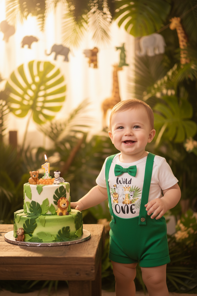 Baby boy wearing the 2pc Animal 1st Birthday Suspender Shorts Set at a jungle safari themed 1st birthday party