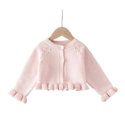 Pink Ruffle Sleeve Knitted Cardigan