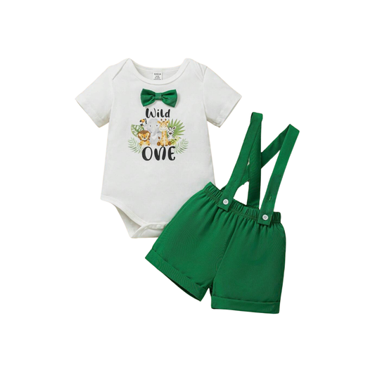 2pc Animal 1st Birthday Suspender Shorts Set