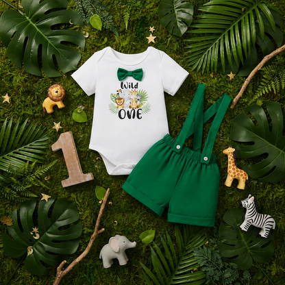 2pc Animal 1st Birthday Suspender Shorts Set