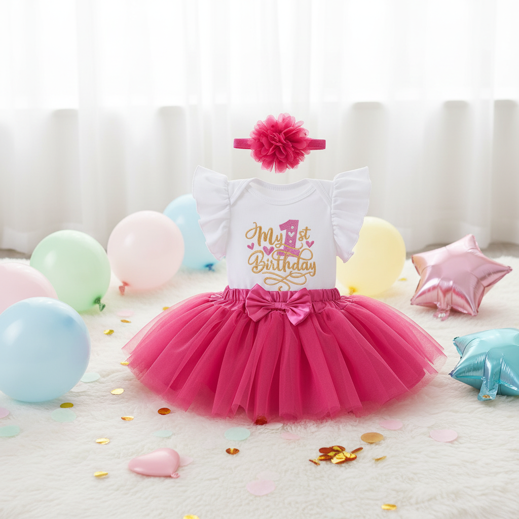 3pc Cerise Pink 1st Birthday Tutu Set birthday lifestyle scene