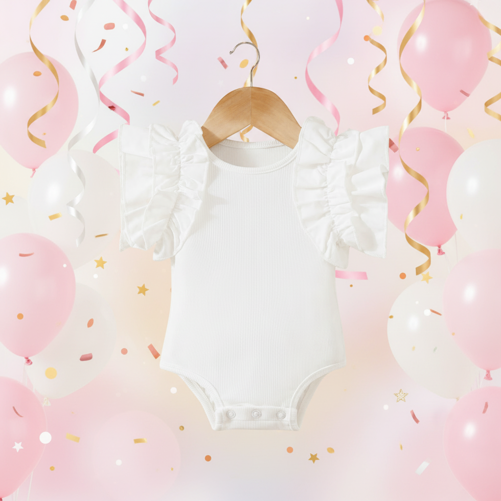 White Ruffle Bodysuit with pastel pink balloons, streamers and gold confetti