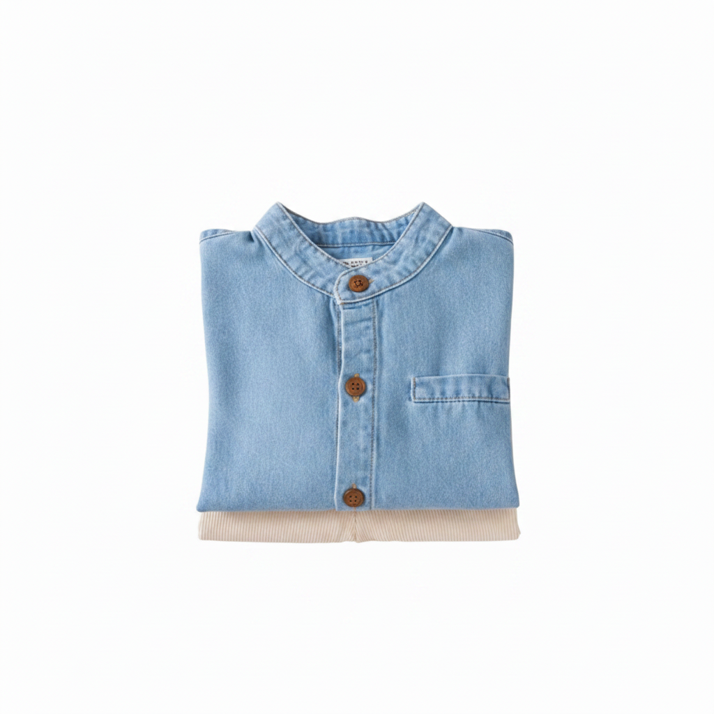 2pc Denim Shirt and Chinos flat lay on white background