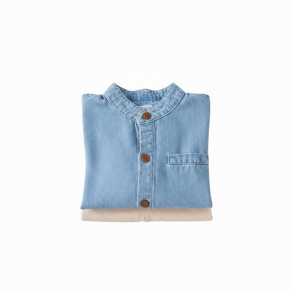 2pc Denim Shirt and Chinos flat lay on white background