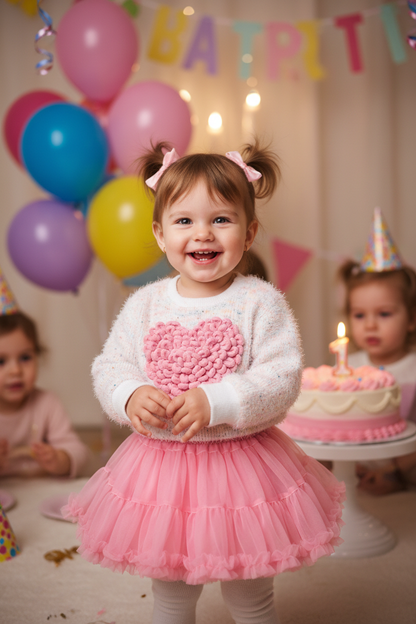Toddler girl wearing the 2pc Flower Knitted Jersey & Tutu Skirt at her baby sister's 1st birthday party