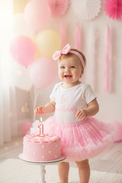 Baby girl wearing the Pink Tutu Skirt with a 1st Birthday bodysuit next to a birthday cake