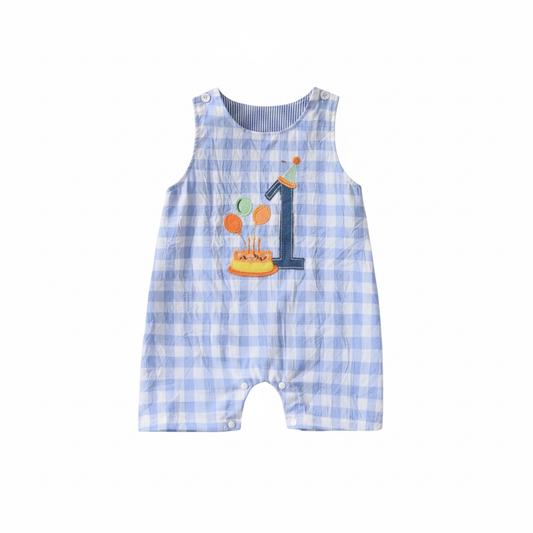Blue gingham sleeveless 1st birthday romper flat lay on white background