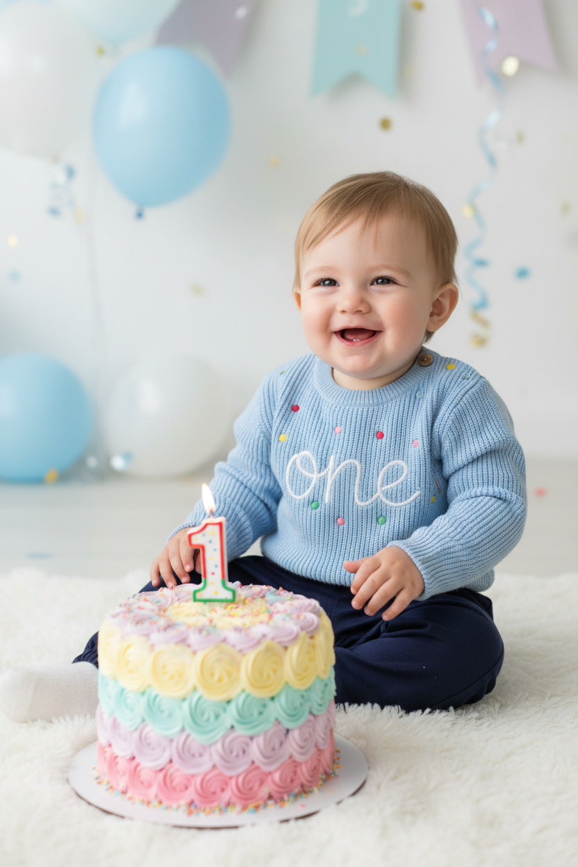 Baby boy wearing navy chino pants with the Light Blue Knitted One Jersey at a 1st birthday party