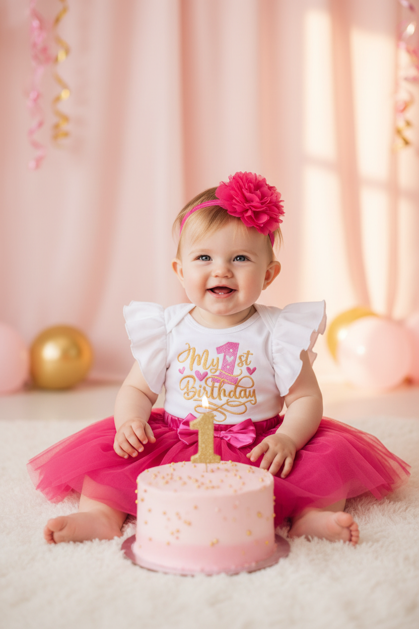 Baby girl wearing the 3pc Cerise Pink 1st Birthday Tutu Set in front of a birthday cake
