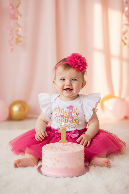 Baby girl wearing the 3pc Cerise Pink 1st Birthday Tutu Set in front of a birthday cake