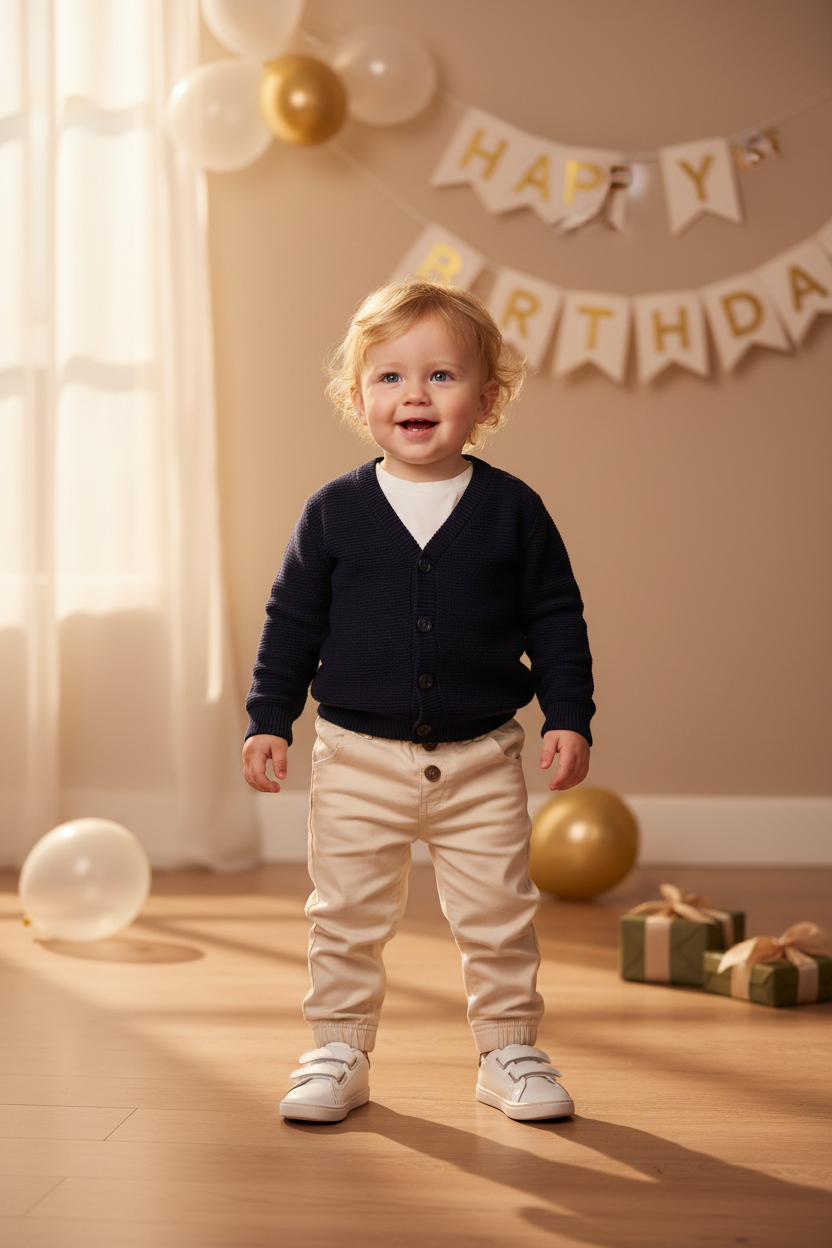 Baby boy standing in cream chino pants paired with a navy knitted cardigan