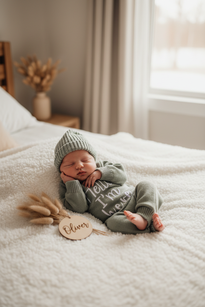 Newborn baby in sage green knitted romper and beanie lying on a fluffy white blanket at home