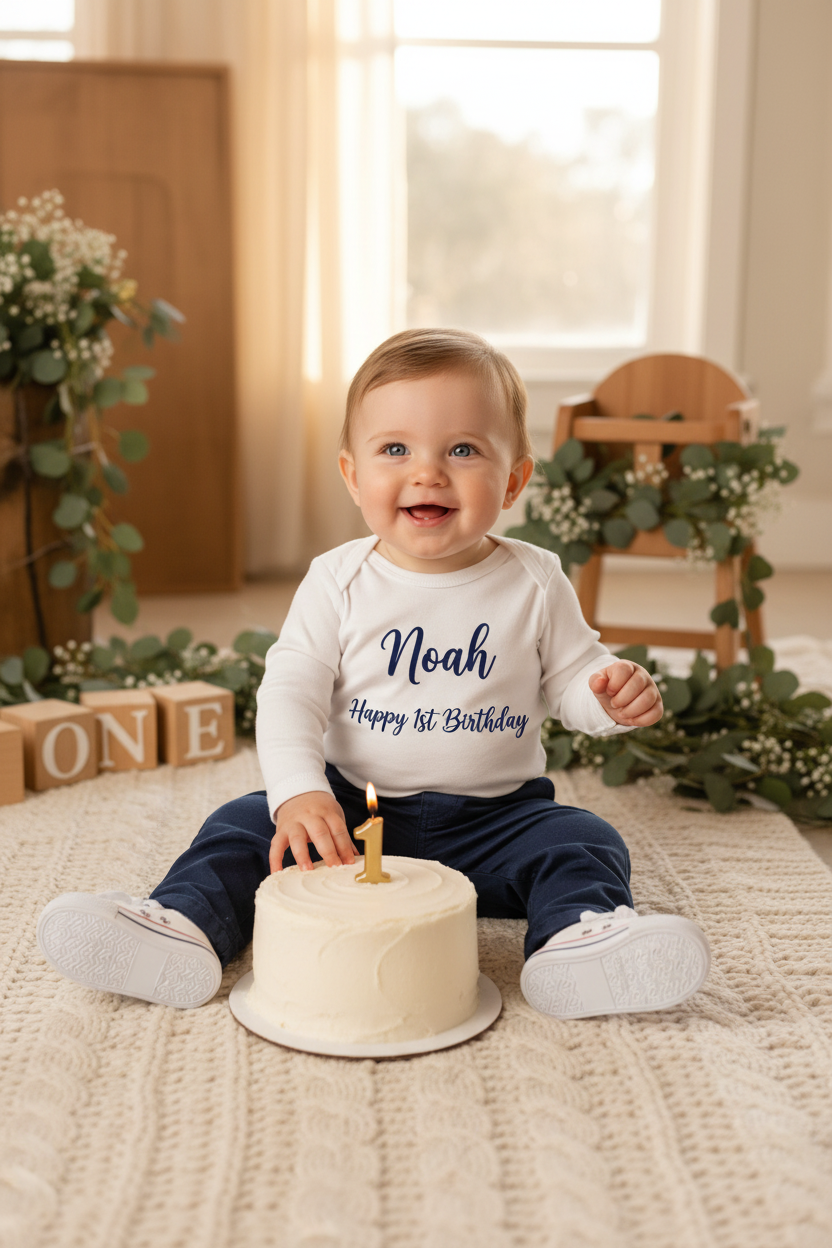Baby boy wearing personalised Happy 1st Birthday long sleeve vest with navy chinos at birthday party