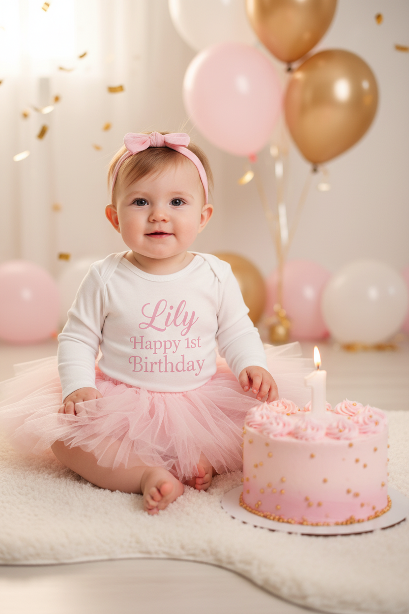 Baby girl wearing personalised Happy 1st Birthday long sleeve vest with pink tutu skirt at birthday party