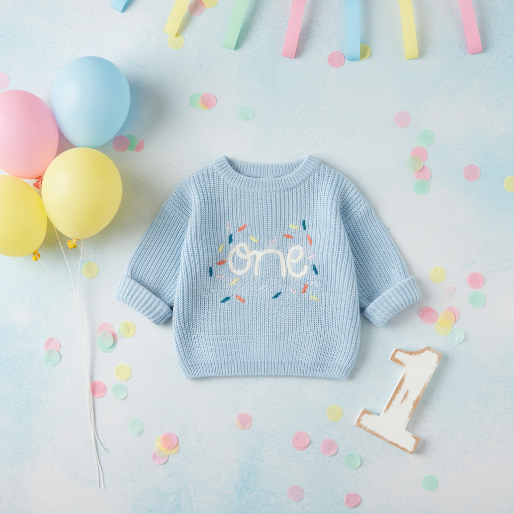 Light Blue Knitted One Jersey styled with pastel balloons, confetti and wooden number 1