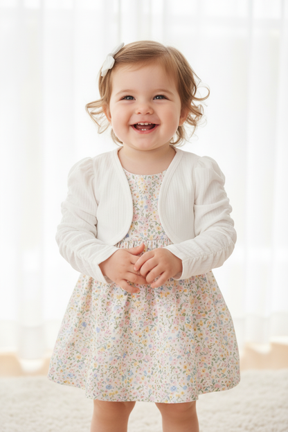 Baby girl wearing the Long Stack Sleeve White Jacket over a floral dress