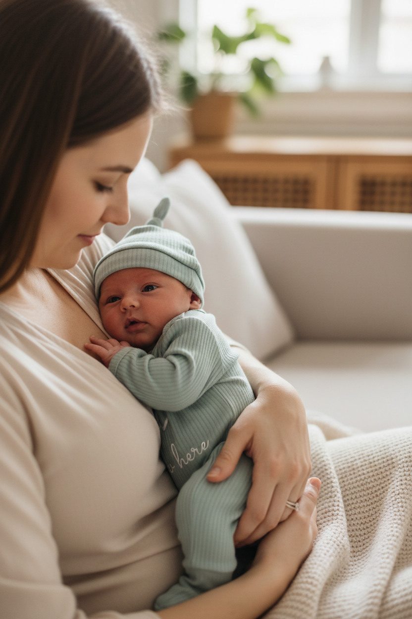 Mother cradling newborn baby wearing the sage green 3pc onesie set