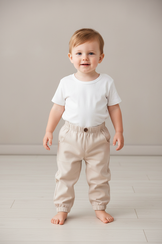 Baby boy standing in beige chino pants with a white t-shirt