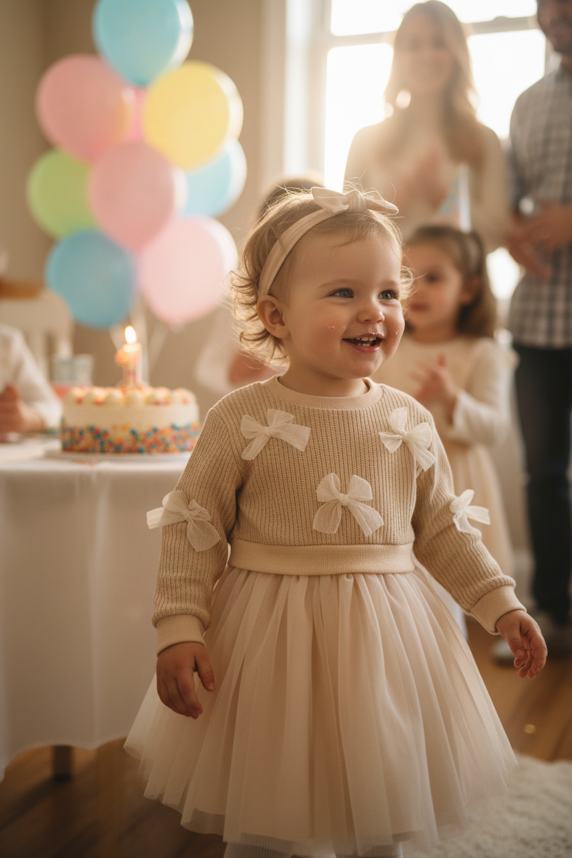 Toddler girl wearing the Long Sleeve Bow Dress at her baby sister's 1st birthday party