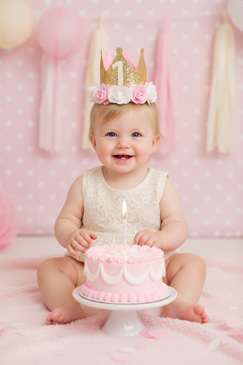 Baby girl wearing the First Birthday Crown Hat in front of a pink birthday cake