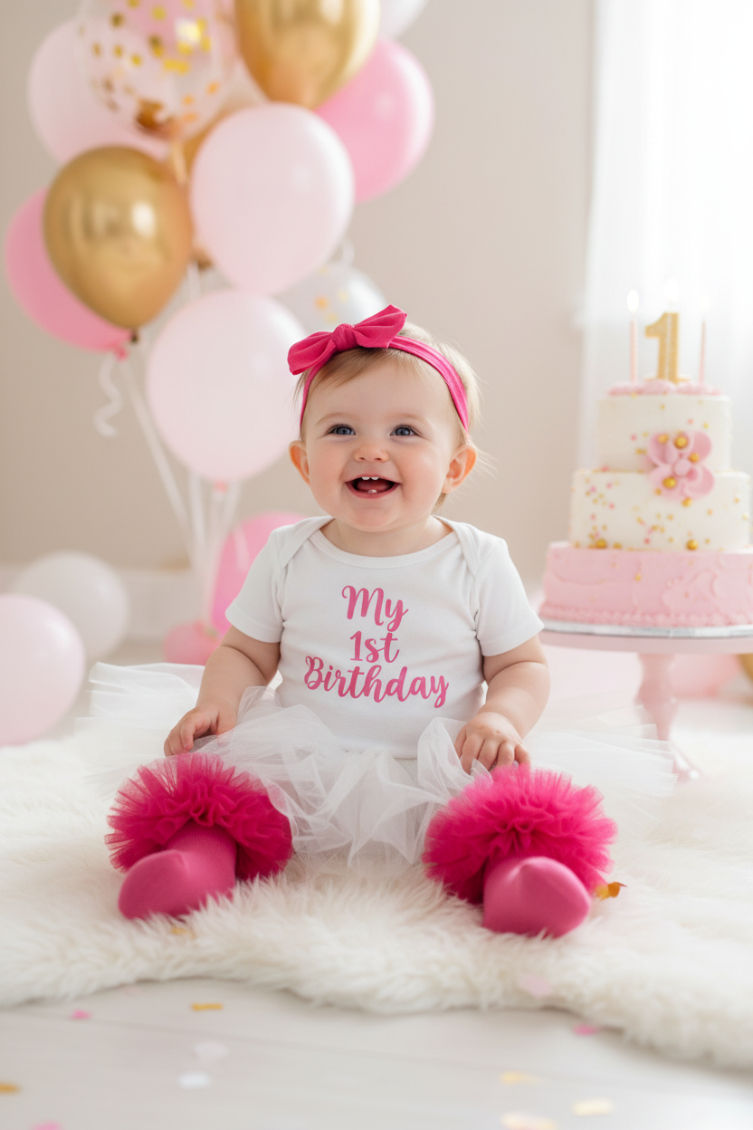 Baby girl wearing cerise pink frilly socks with white tutu skirt at her 1st birthday party