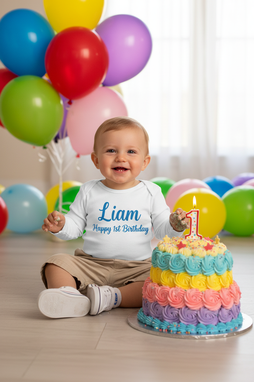 Baby boy wearing personalised Happy 1st Birthday long sleeve vest with beige chino shorts at birthday party