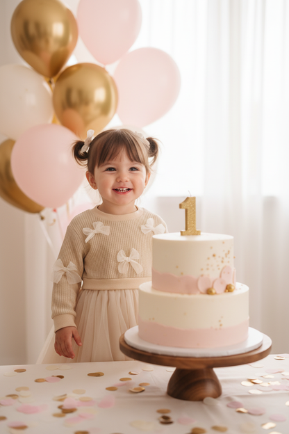 Toddler girl wearing the Long Sleeve Bow Dress at her own 1st birthday party