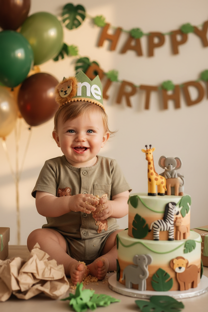 Baby wearing the Lion 1st Birthday Hat at a safari birthday party