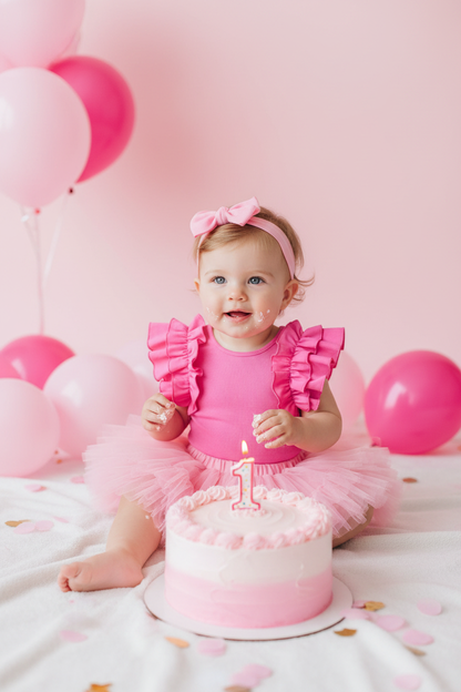 Baby girl wearing the Cerise Pink Ruffle Bodysuit with a pink tutu skirt at her 1st birthday party