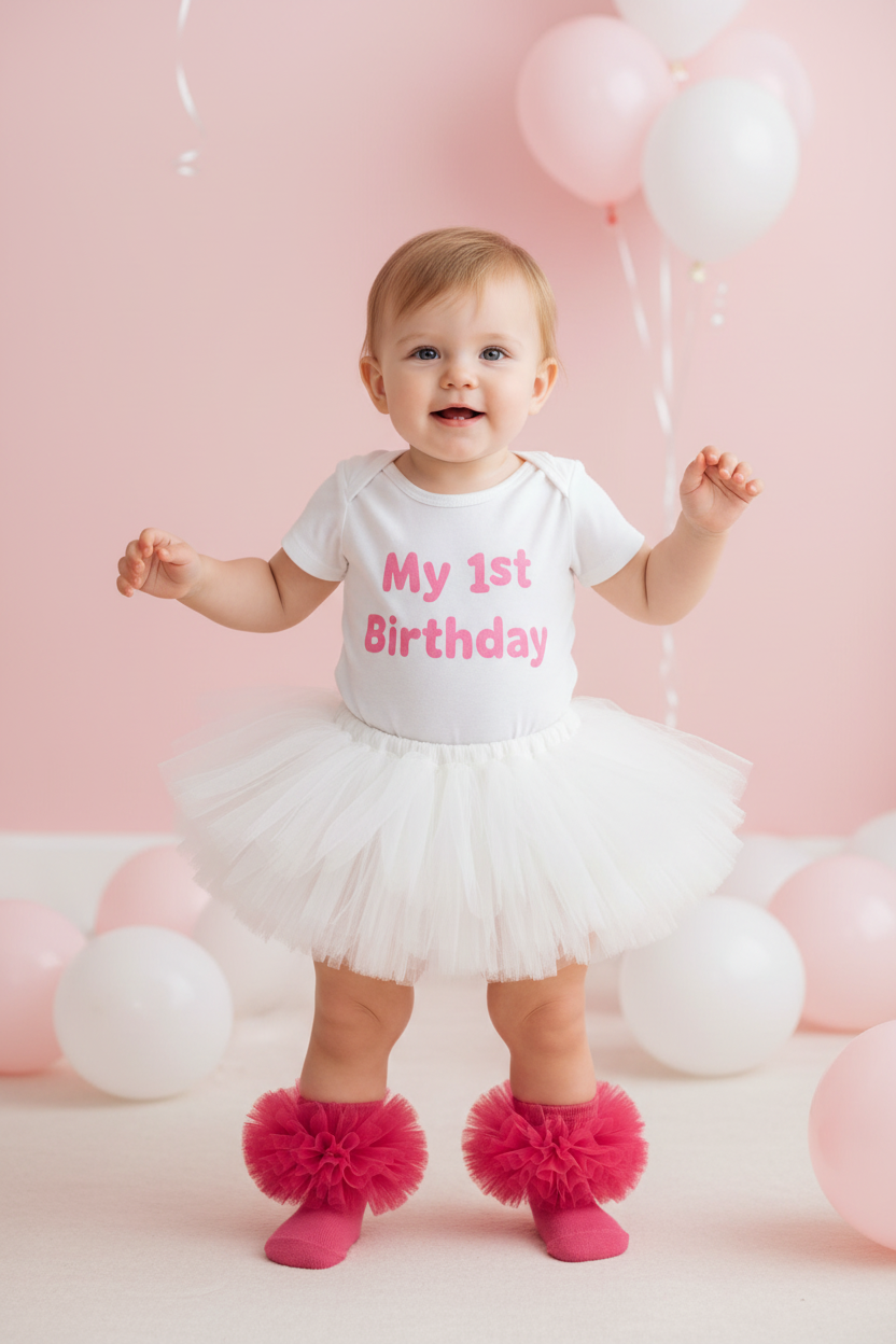 Baby girl standing showing off cerise pink frilly tutu socks with white birthday tutu outfit