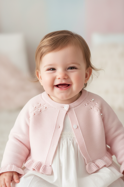 Baby girl wearing the Pink Ruffle Sleeve Knitted Cardigan over a white dress