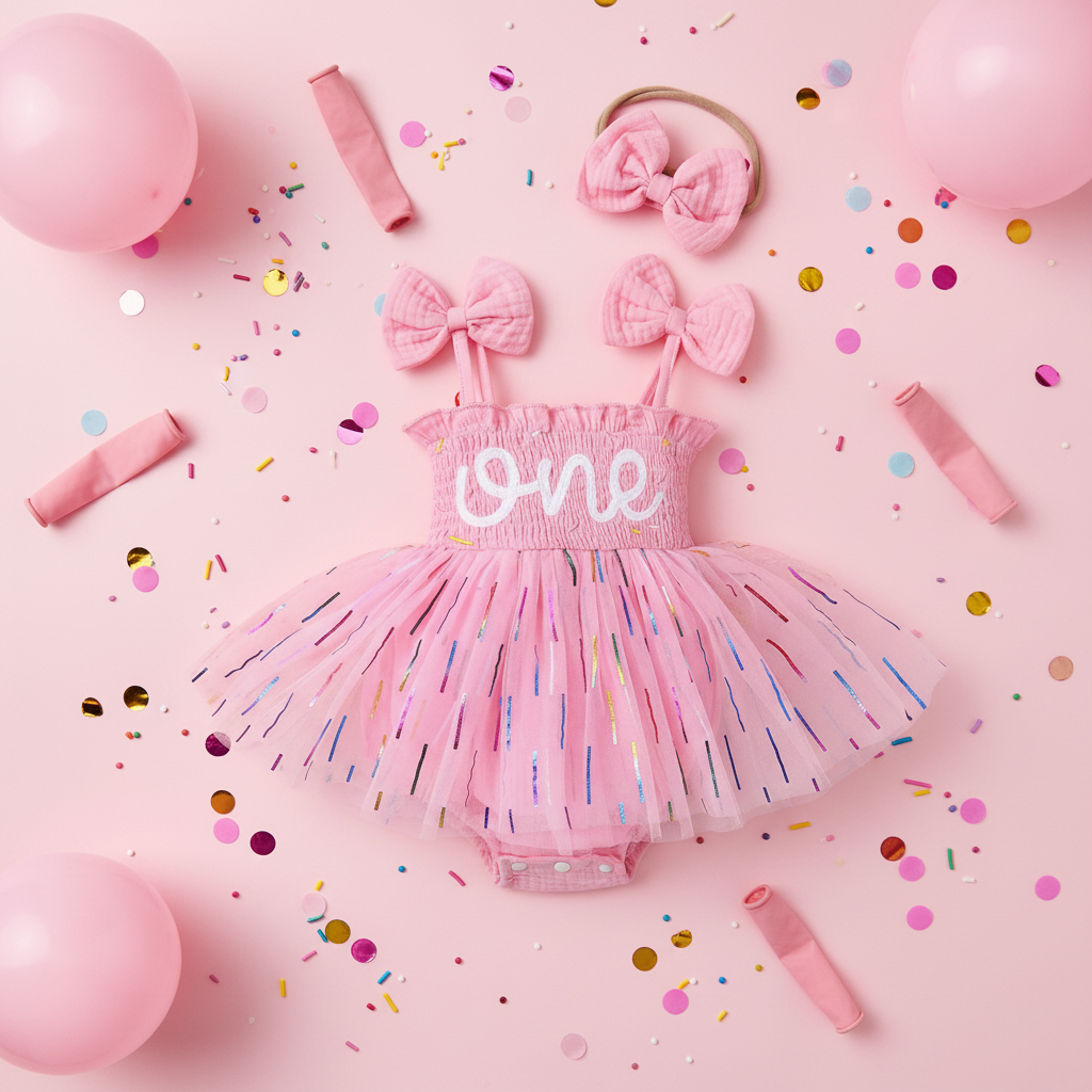 2pc Pink 1st Birthday Tutu Dress styled with confetti and pink balloons on pastel pink background