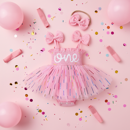 2pc Pink 1st Birthday Tutu Dress styled with confetti and pink balloons on pastel pink background