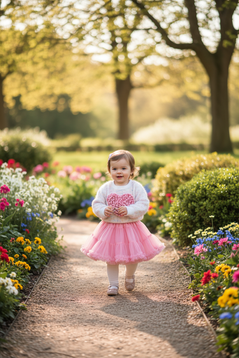 Toddler girl wearing the 2pc Flower Knitted Jersey & Tutu Skirt on an outdoor outing at the park